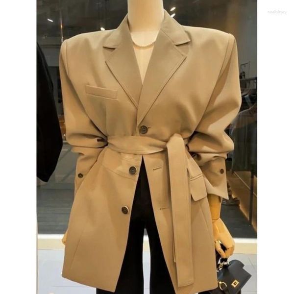 Damenanzüge für Damen, Herbst und Winter, Vintage-Stil, lässig, kurz, Schnür-Blazer, Mäntel, britischer Stil, lockerer, einfarbiger Gürtel, Anzugkragen