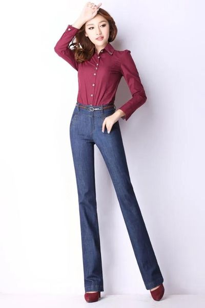 Calças de brim atacado frete grátis 2015 mulheres outono calças de perna larga moda boot corte jeans longo flares calças femininas tamanho extra grande jean