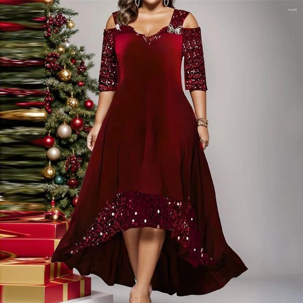 Abiti taglie forti Inverno Natale Moda Abito da festa con paillettes Donna Sexy scollo a V con spalle scoperte Altalena grande elegante