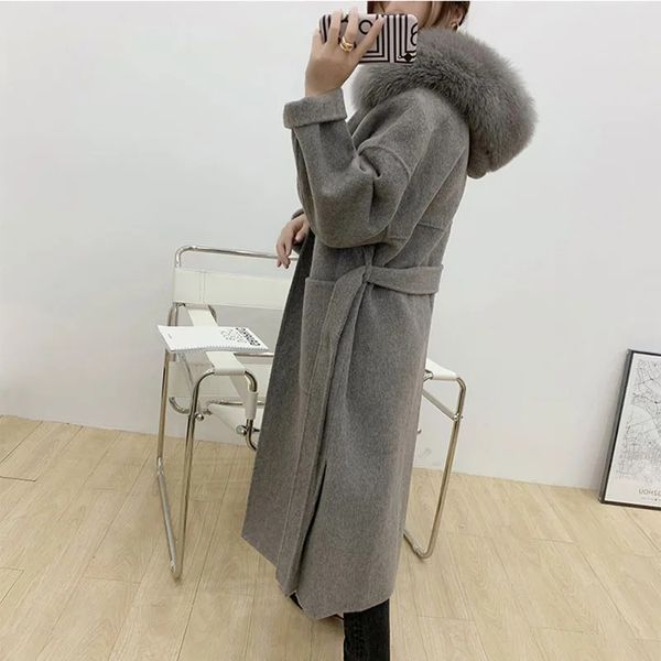 Kaschmir Woolen Frauen Plus Größe Mantel Langarm Echtpelz Mit Kapuze Lose Casual Jacke Doppelseitige Wolle Oversize Mantel 240105