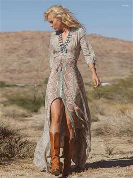 Lässige Kleider Boho Langes Kleid Frauen Vintage Blumendruck Chiffon Dreiviertelärmel V-Ausschnitt Sommer Gypsy Hippie Maxi Vestidos