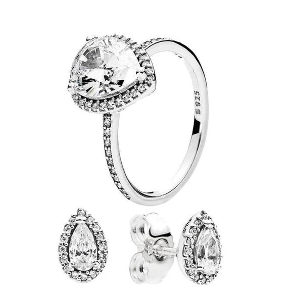 Anillos de boda de plata de ley 925 para mujer, diamantes de circonio cúbico para conjuntos de ANILLOS y PENDIENTES en forma de lágrima, regalo de compromiso para mujer con caja 7027868