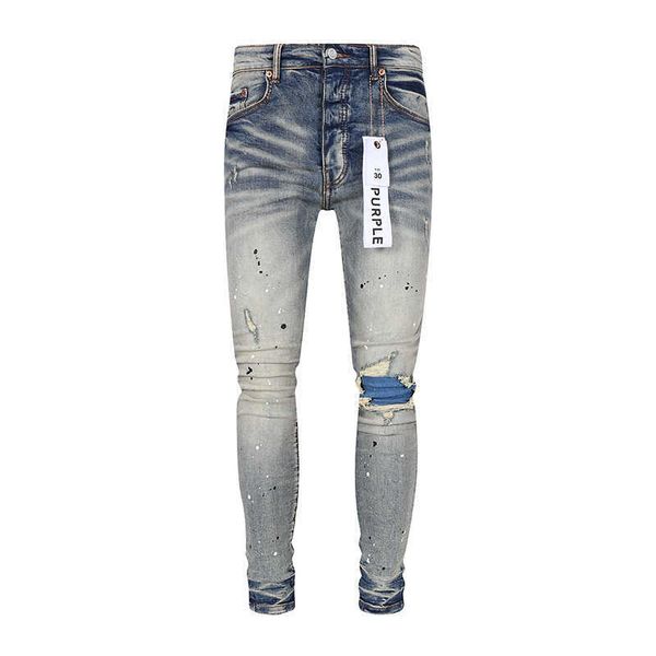 Calças de brim roxas designer mens calças 2023 nova marca roxa vaca luz cinza joelho remendo salpicado jeans masculinos