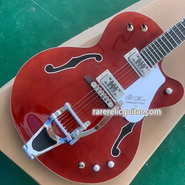 Auf Lager G6119 Chet Atkins Tennessee Rose Deep Cherry Hohlkörper-E-Gitarre Bigs Tremolo-Brücke, silbernes Plexi-Schlagbrett, Miniatur-Inlay, Chrom-Hardware