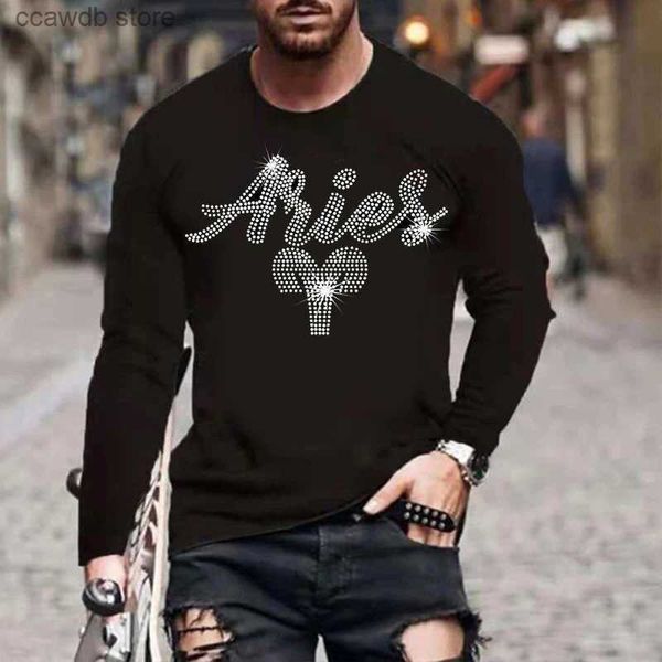 Camisetas masculinas de tamanho grande camisetas constelação de shinestone decoração de camiseta de manga longa para homens casuais tampos de roupas masculinas T240105