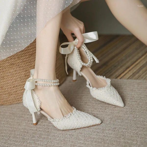 Sandálias bombas mulheres frenum método design de casamento corda pérolas salto alto senhora sexy elegante apontou toe pérola sapatos