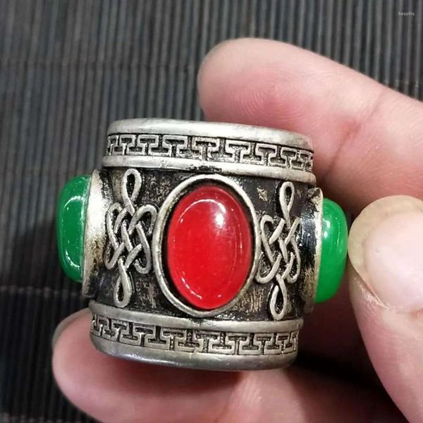 Anelli a grappolo Anello con pietra preziosa intarsiata in argento tibetano in argento antico con giada verde rubino