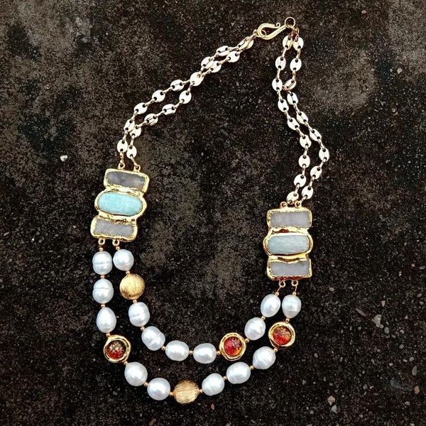 Collane YﾷYING 2 file di perle bianche coltivate Amazzonite Agata Druzy Collana in vetro di Murano dorato 21 