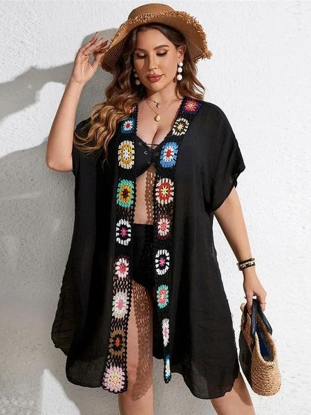 Roupa de banho feminina plus size cobrir crochê oco para fora maiô feminino vestido de praia verão curto férias beachwear