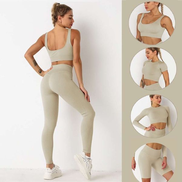 Yoga-Outfit, einfarbig, nahtlos, für Damen, Fitnessstudio, Fitness-Set, Langarm-Crop-Top + Fitness-BH + Kurzarm + Leggings, kann zu einem passenden Trainingsanzug passen