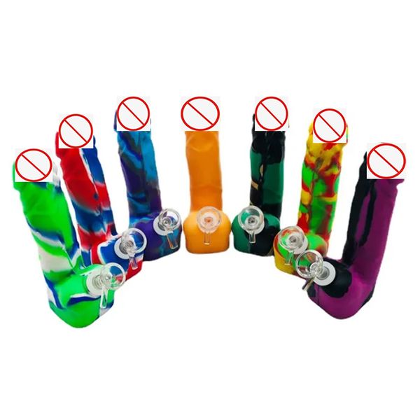 Sexy colorido silicone masculino pênis fumar cachimbos água pau peni copo bongs com tigela de vidro único inquebrável senhora mulheres óleo cera dab rigs bubbler pipe