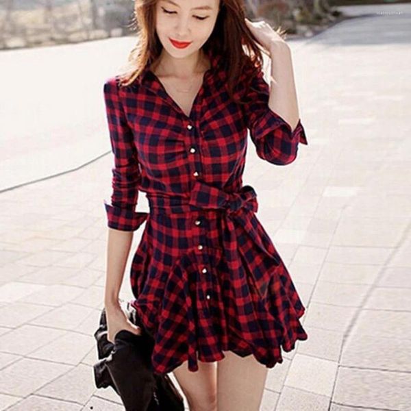 Casual Kleider Mode Frauen V-ausschnitt Langarm Kleid Schärpen Plaid Slim