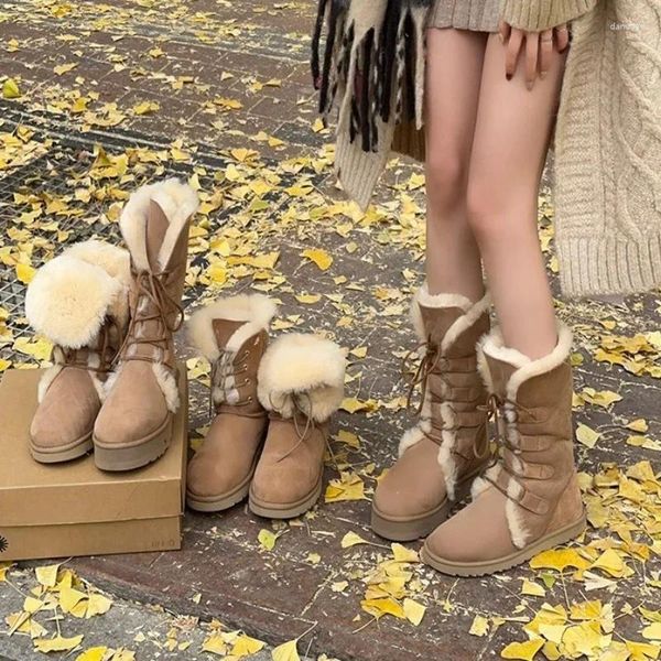Botas inverno quente sapatos de algodão de pelúcia 2024 mulheres ao ar livre rendas até neve casual antiderrapante étnica grossa sola macia longa