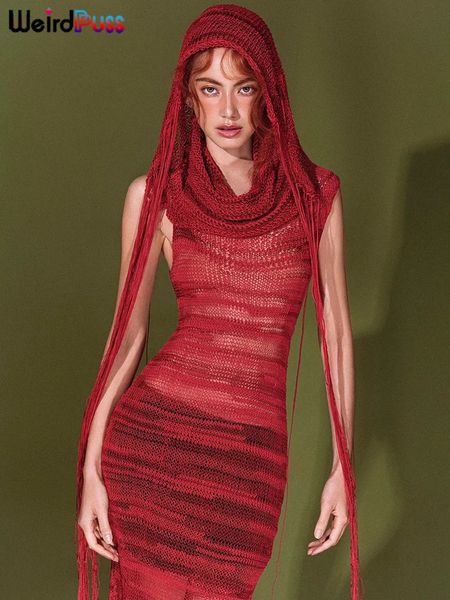 Weird Puss Kapuzen-Häkel-Frauenkleid mit Florkragen, ärmellos, durchsichtig, sexy Maxi, figurbetont, modisch, Abendparty, Event, Vestidos 240104