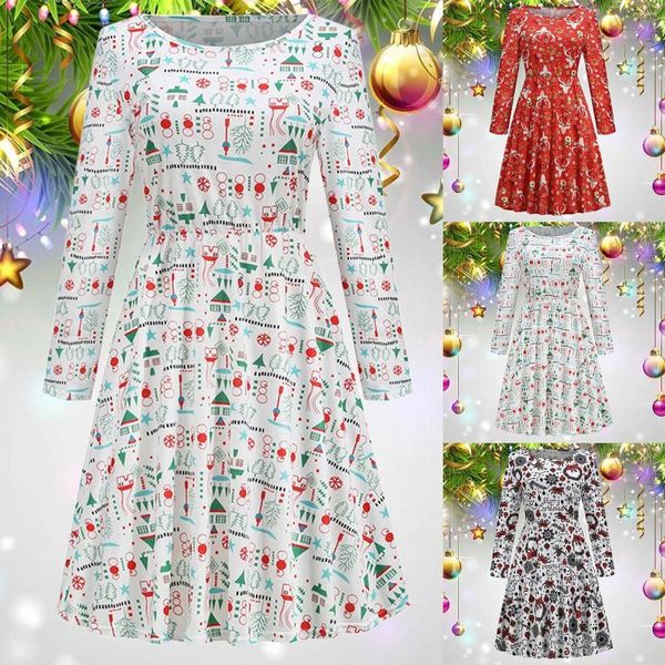 Vestidos casuais feminino árvore de natal vestido estampado moda manga comprida slim fit cintura