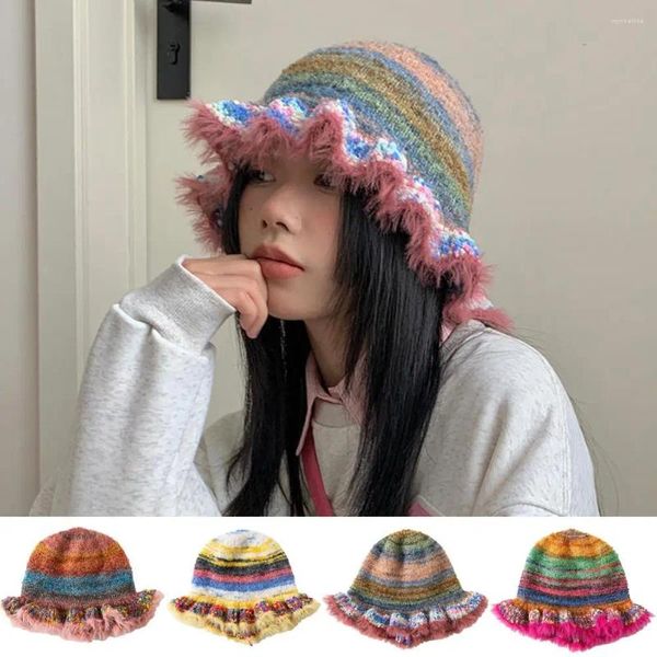 Berets 2024 moda colorido gradiente listra chapéu de lã feminino outono e inverno bonito artesanal de pelúcia pescador de malha