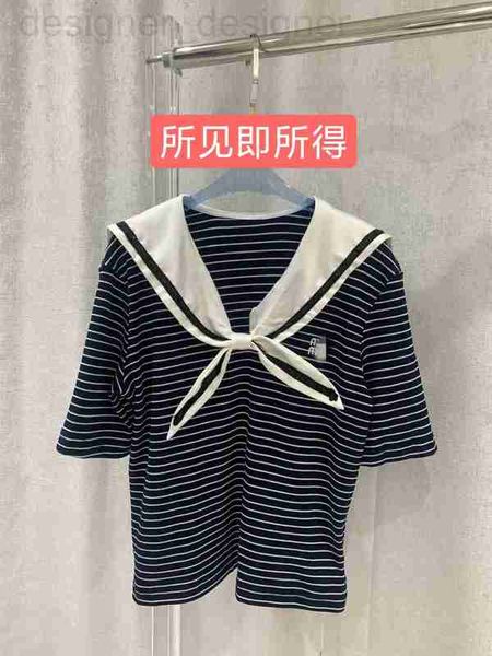 T-shirt da donna firmata mui Summer New Big Polo Neck Knot Paillettes Navy Style Stripe Lettera ricamata T-shirt manica corta Top per donna 4V26