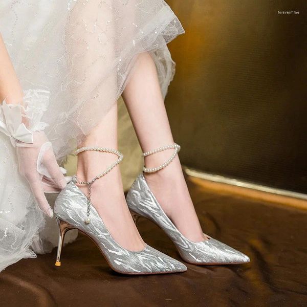 Scarpe eleganti Cintura di perle Scarpe di cristalloDue indossano il temperamento nuziale Ragazza nuziale Damigella d'onore Tacchi alti argento 4929