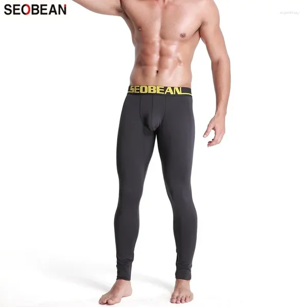 Roupa interior térmica masculina calças quentes tricô forro de veludo cor sólida hip lift u-bolsa saco push up magro leggings longos johns