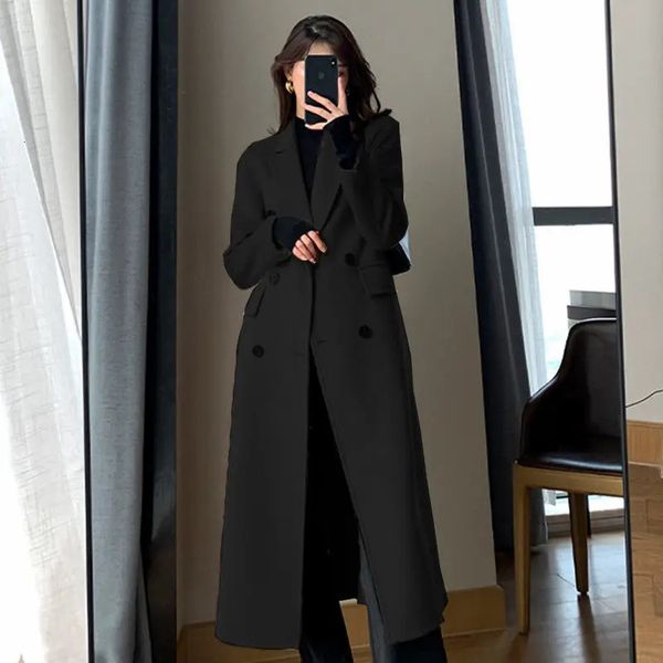 Moda inverno trench coat para mulheres elegante coreano casual doublebreasted lã longa jaqueta preta senhora do escritório solto outwear 240105