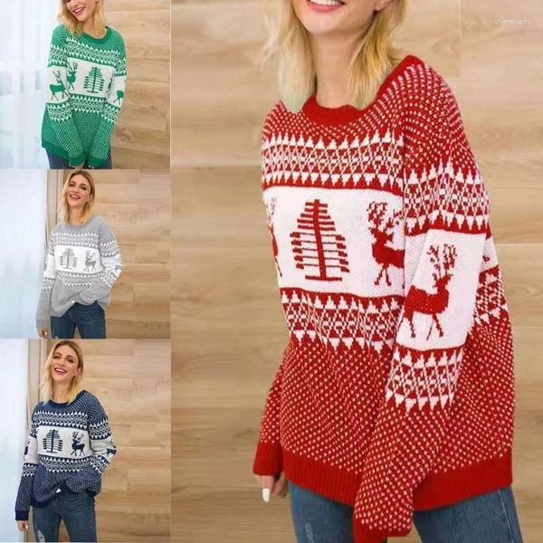 Damenpullover, Damen-Weihnachts-Sweatshirt, Festival, geometrisches Rentier-Design, Strickpullover, Langarm, Rundhalspullover, Kleidung