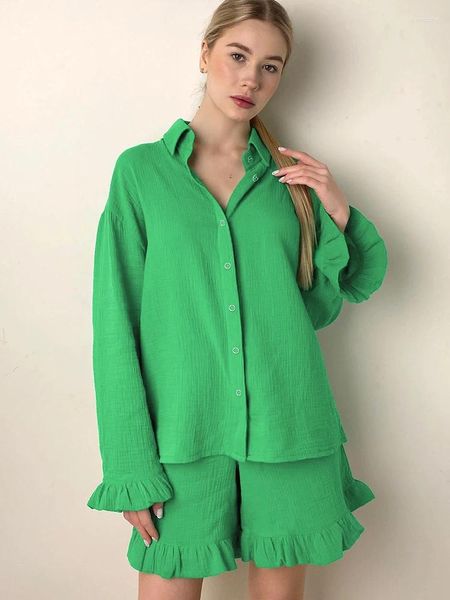 Pigiama da donna Linad verde da donna Set da 2 pezzi in cotone a maniche lunghe con volant Abiti femminili larghi con pantaloncini Primavera casual