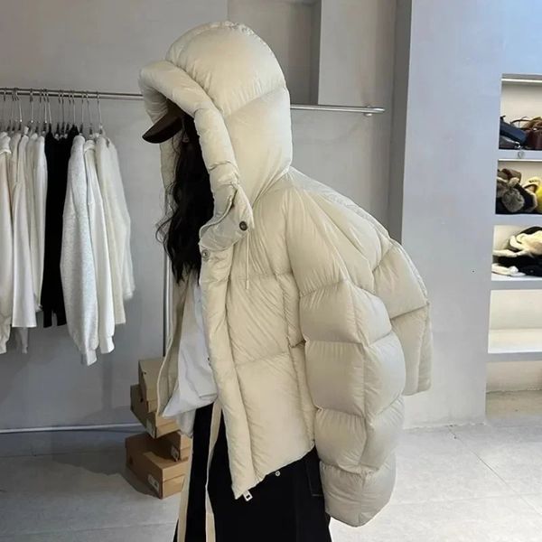 Inverno 90% pato branco para baixo jaqueta feminina curto coreano moda com capuz grosso quente parkas solto oversized puffer casaco outwear 240105