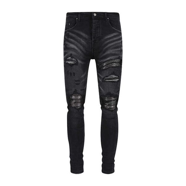 Calças de brim roxas designer mens calças AMRI203 New Black Knee Hole Gold Thread Slim Fit Jeans Tendência