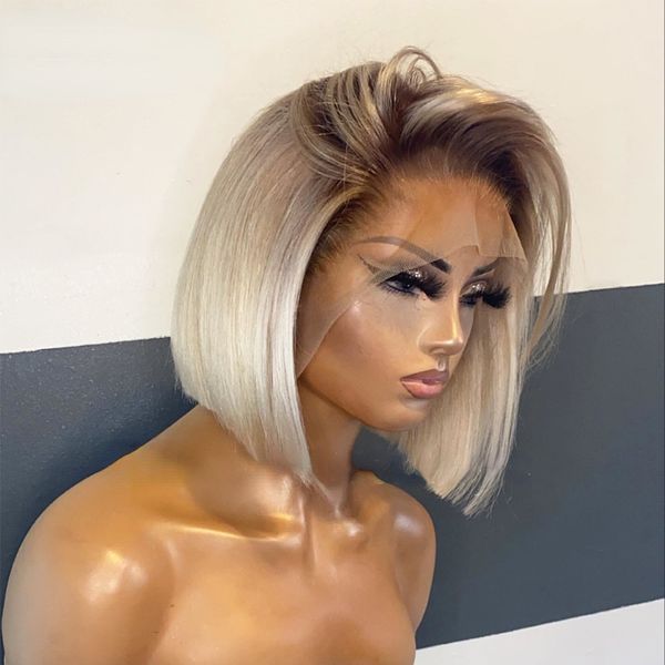 613 blonde Lace-Front-Perücken für Frauen, kurzer Bob, brasilianische Echthaar-Perücke, braune Wurzeln, HD-transparente Spitze-Frontal-Perücken, synthetisch, vorgezupft