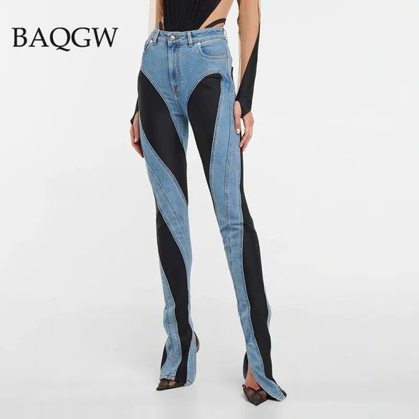 Jeans Fashion Designer Color Block Jeans da donna Slim Deconstruct Patchwork con pannelli a vita alta Pantaloni lunghi in denim blu divisi Autunno