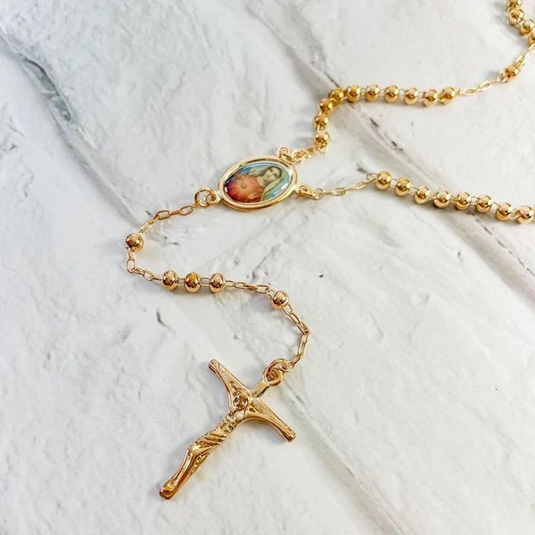 Ожерелья с подвесками Y-образной формы, бусины, звенья цепи, золотого цвета, крест Девы Марии, четки, длинное ожерелье для женщин и девочек, ювелирные изделия, 60 см, Spiriti Pray, распродажа
