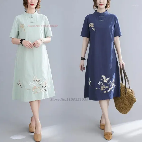 Ethnische Kleidung 2024 Chinesisches Vintage-Kleid Verbessertes Qipao Nationale Blumenstickerei A-Linie Baumwolle Leinen Cheongsam Oriental Folk