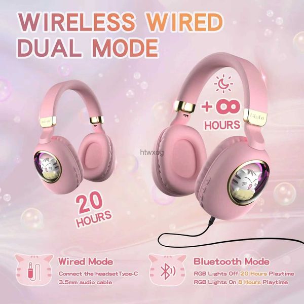 Auricolari per cellulare Ragazze Cute Pink Cuffie wireless cablate dual mode per la scuola Cuffie da gioco Bluetooth per gatti per bambini con microfono YQ240105