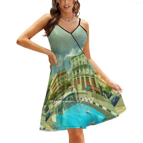 Повседневные платья Гавана Променад Классическое платье на бретельках Лето Сексуальное трапециевидное модное женское кубинское автомобильное американское платье