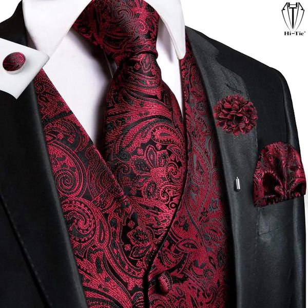 Blazer HiTie Gilet da uomo in seta di alta qualità Rosso Borgogna Gilet con motivo cachemire Cravatta Hanky Gemelli Spilla Set per uomo Abito da sposa Ufficio XL