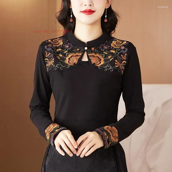 Ethnische Kleidung 2024 Chinesisches traditionelles Basishemd Nationale Blumenstickerei Vintage Hanfu Tops Orientalisches Fleece gefüttertes T-Shirt