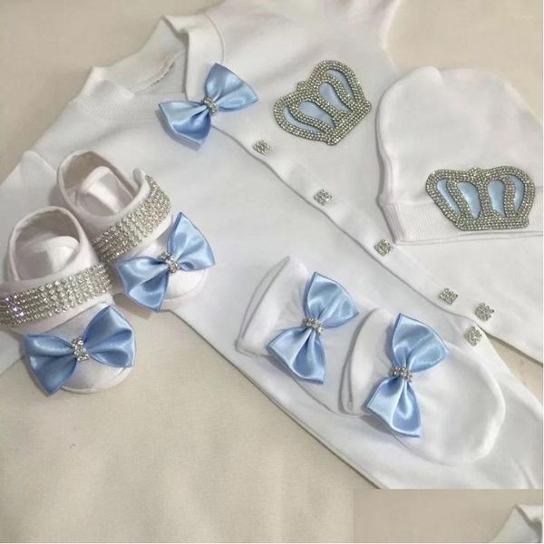 Giyim Setleri Dillling Born Set Babys Rhinestone Crown 0-3 ay Şapka Bodysuits Eldiven Ayakkabı 4 Parçalı Erkek Kız Tulum Damla Teslimat Dhzqn