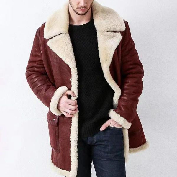 Herrenjacken verdickte Plüschfutter Kunstpelz Männer revers kaltes europäischer Style -Leder -Trenchcoat Winter -Mantel des europäischen Stils