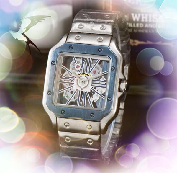Relógio quadrado masculino clássico de luxo com mostrador de esqueleto oco Geneve Genuíno aço inoxidável movimento de quartzo relógios caixa e pulseira moda relógio de pulso presentes
