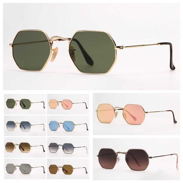 Mulher octogonal óculos de sol moda feminina óculos de sol dos homens moldura de ouro rosa espelho proteção uv lentes de vidro com leathe2844