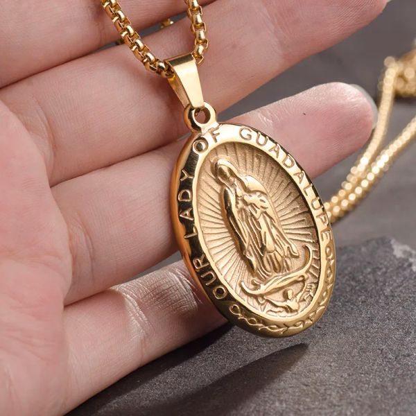 Medalha da Virgem Maria Nossa Senhora de Guadalupe Colar com pingente de ouro amarelo 14k Colar feminino/masculino joias virgen de guadalupe