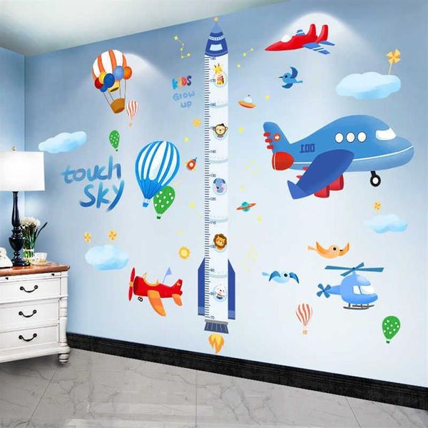 Adesivo de parede para medida de altura de foguete, desenho animado, avião, nuvens, mural, decalques para quartos infantis, quarto de bebê, decoração de casa 210615281u