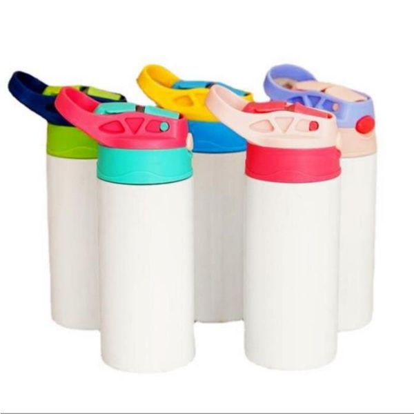 Canecas de sublimação de estoque em branco Kids Tumbler Baby Bottle Sippy Cups 12 OZ Garrafa de água branca com palha e tampa portátil 5 tampas coloridas Pri Nfgs