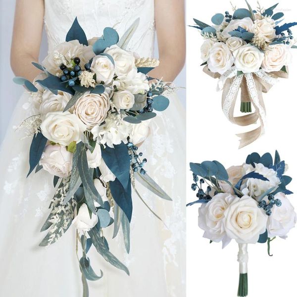 Dekorative Blumen Yan Champagnerblaue Hochzeitssträuße für Braut und Brautjungfern, künstlicher Casading-Blumenstrauß für die Hochzeit, Brautparty-Dekoration