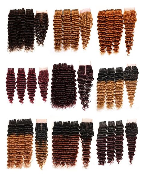 Onda profunda colorida pacotes com fechamento mel loira dois tons ombre colorido cabelo virgem brasileiro tece extensão colorida sel1725359