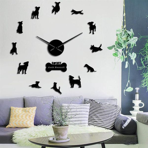 Jack russell terrier cão raça 3d acrílico simples diy relógios de parede animais pet store arte da parede decoração silenciosa varredura relógio exclusivo 2280s