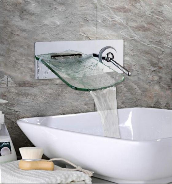 Montado na parede cachoeira bico de vidro latão cromado torneira do banheiro único punho e misturador frio5852898