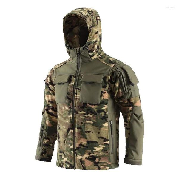 Giubbotti da uomo Autunno Inverno Uomo Addensato Outdoor Camouflage Tattico Calore Peluche Cappotto con cappuccio Giacca da alpinismo Jungle Adventure