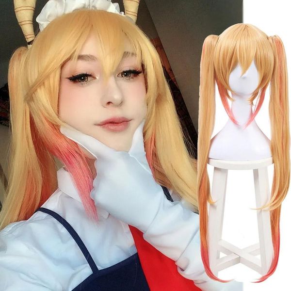 Cappellini Dragon Maid Tooru di Miss Kobayashi Parrucca bionda Lunga 2 Code di cavallo Parrucche piene Cosplay