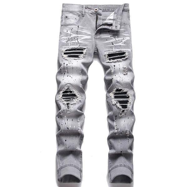 2023 Uomini di alta qualità Casual Jeans neri Vernice Slim Foro dritto Biker Autunno Jean Homme Pantaloni in denim maschile 240104